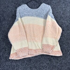 Rip Curl Striped Fuzzy Knit Sweater Coral Cream Blue Size L